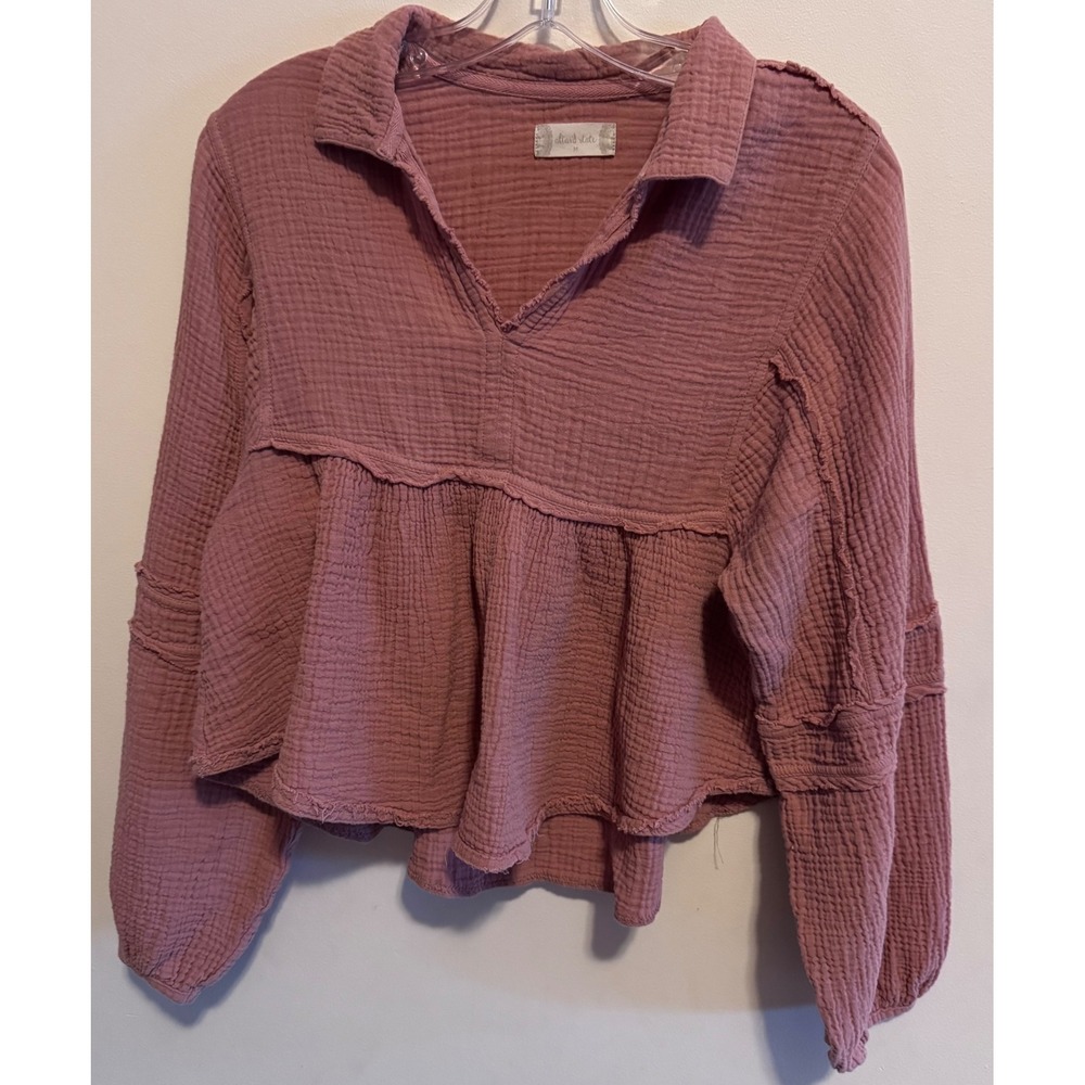 Altar'd State Pink Cotton Gauze Peplum Top Romantic Boho Balloon Sleeve M